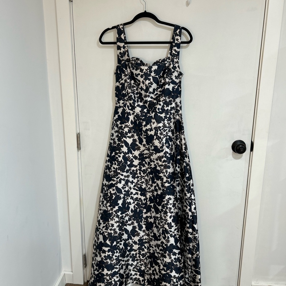 Catherine Malandrino Formal Gown Navy Blue and White Floral w/ Bow at the Back